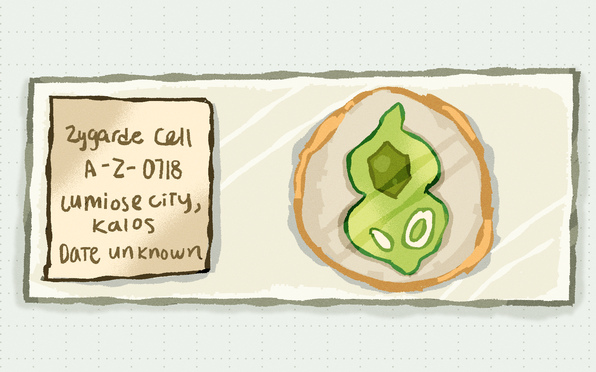 A digital drawing of a Zygarde cell from pokemon mounted under a cover slip on a glass microscope slide. The slide is labeled Zygarde Cell, A-Z-0718, Lumiose City, Kalos, Date Unknown