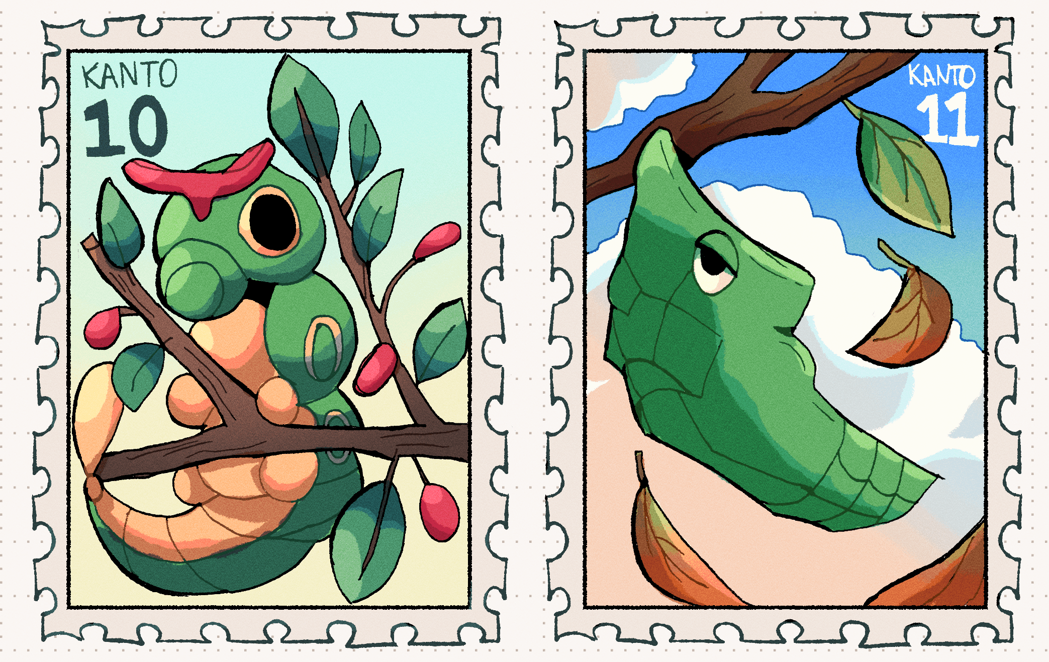 Digital art of stamps of caterpie and metapod from pokemon. Caterpie sits on a spicebush plant, and metapod dangles from a branch while leaves fall around it.
